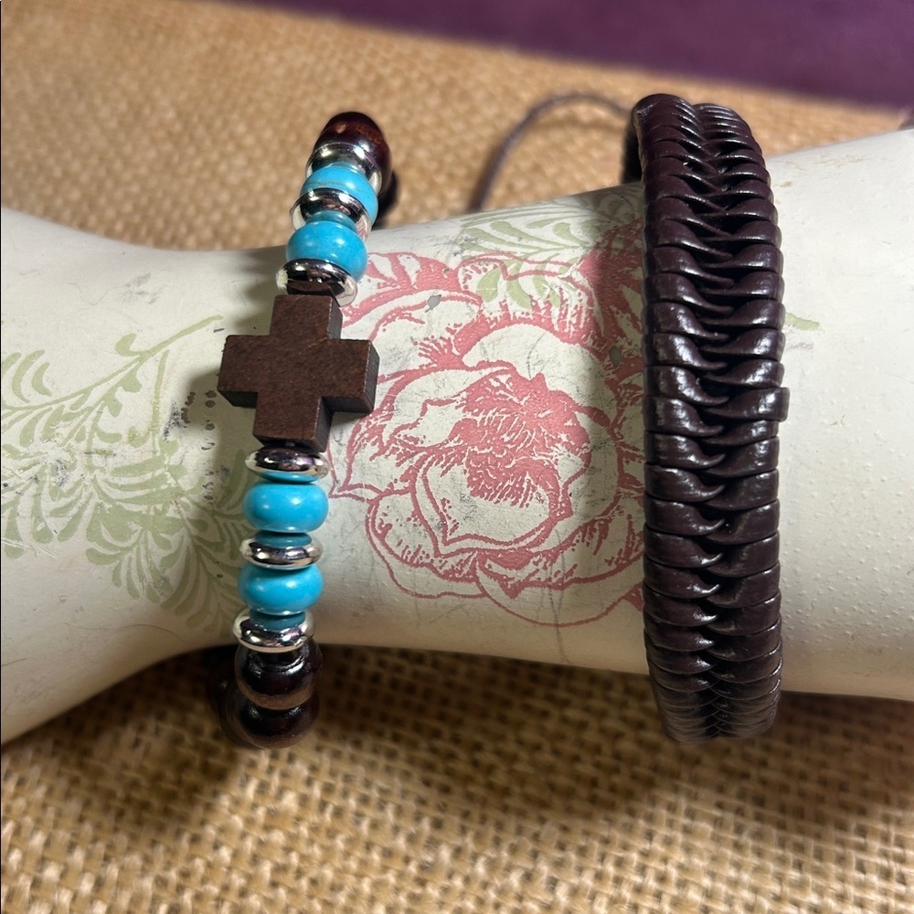Wooden, Turquoise & Silver Bead and Braided Leather Bracelet Bundle (B)